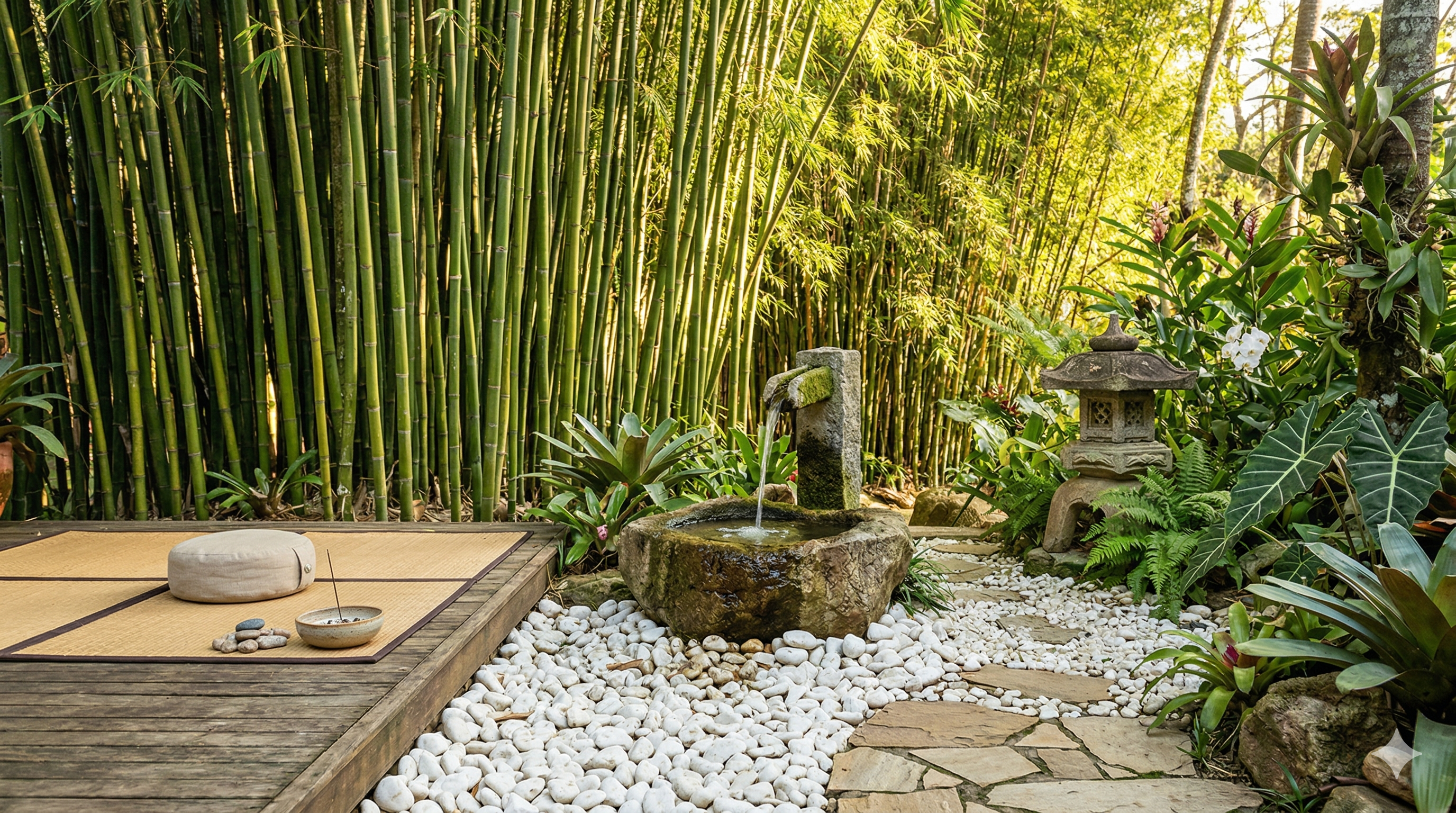 Espaço Zen com Bambus e Fonte