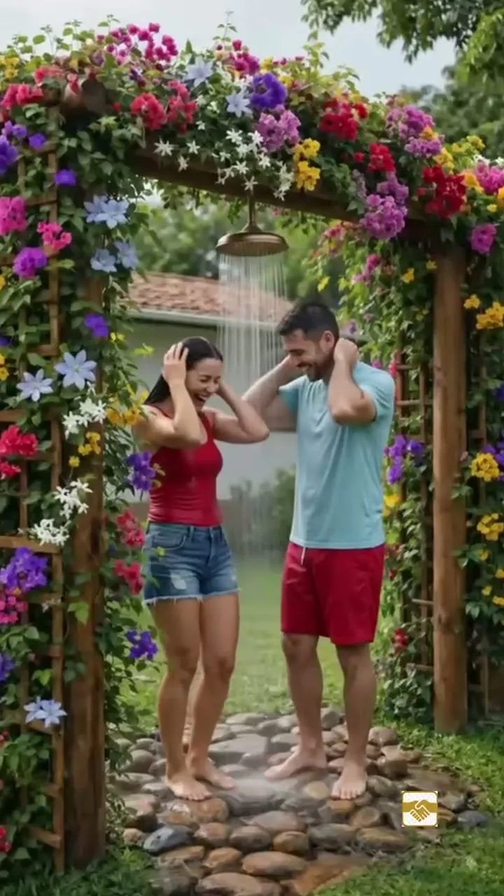 Casal aproveitando o chuveiro externo com pergolado florido feito no próprio quintal